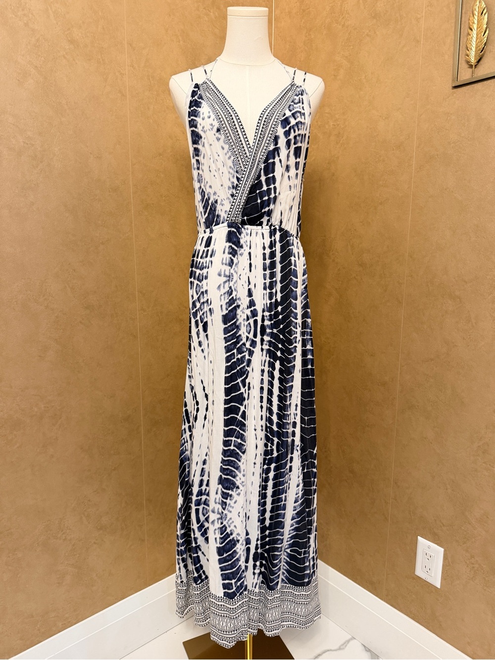 VENUS Navy and White Tie-Dye Wrap-Style Maxi Dress